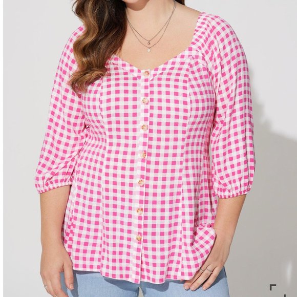 Torrid Fit & Flare Rayon Slub Button Up 3/4 Sleeve Pink Gingham Top - Picture 2 of 14